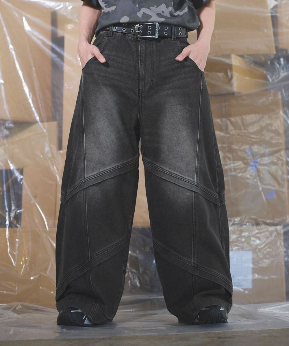 12oz】オーバーサイズバギーワイドバイカーデニムパンツ ウォッシュ