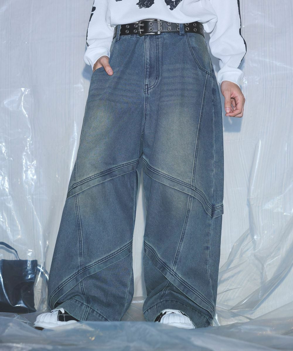 12oz】オーバーサイズバギーワイドバイカーデニムパンツ ウォッシュ