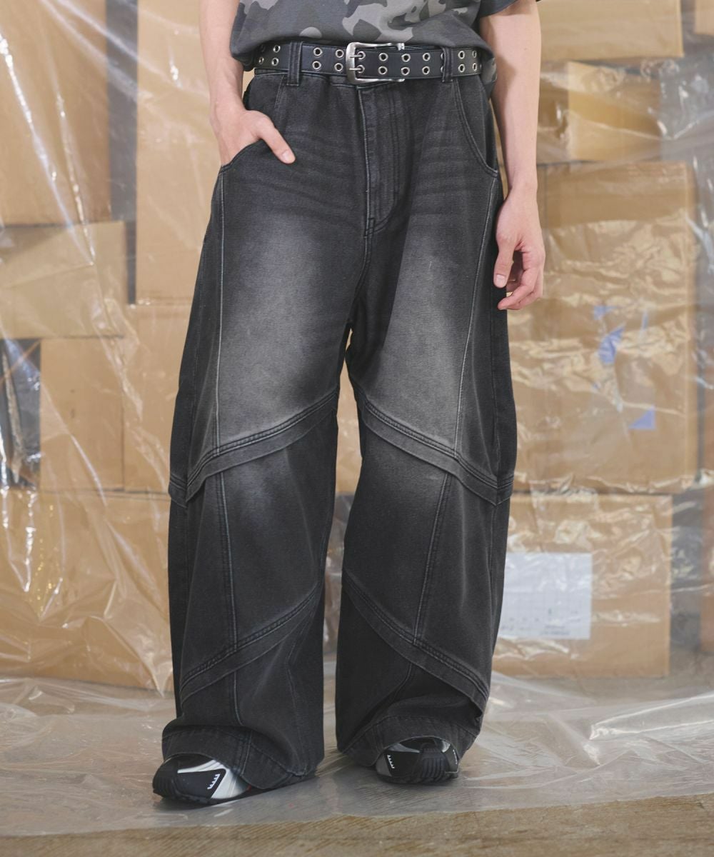 12oz】オーバーサイズバギーワイドバイカーデニムパンツ ウォッシュ