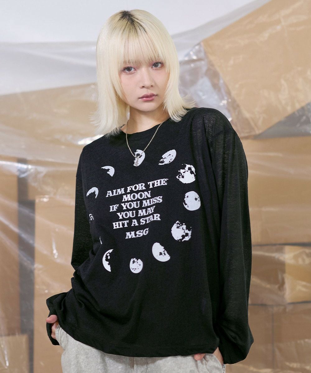 ルーズシルエットマルチプリントグラフィックシアーロングTシャツ