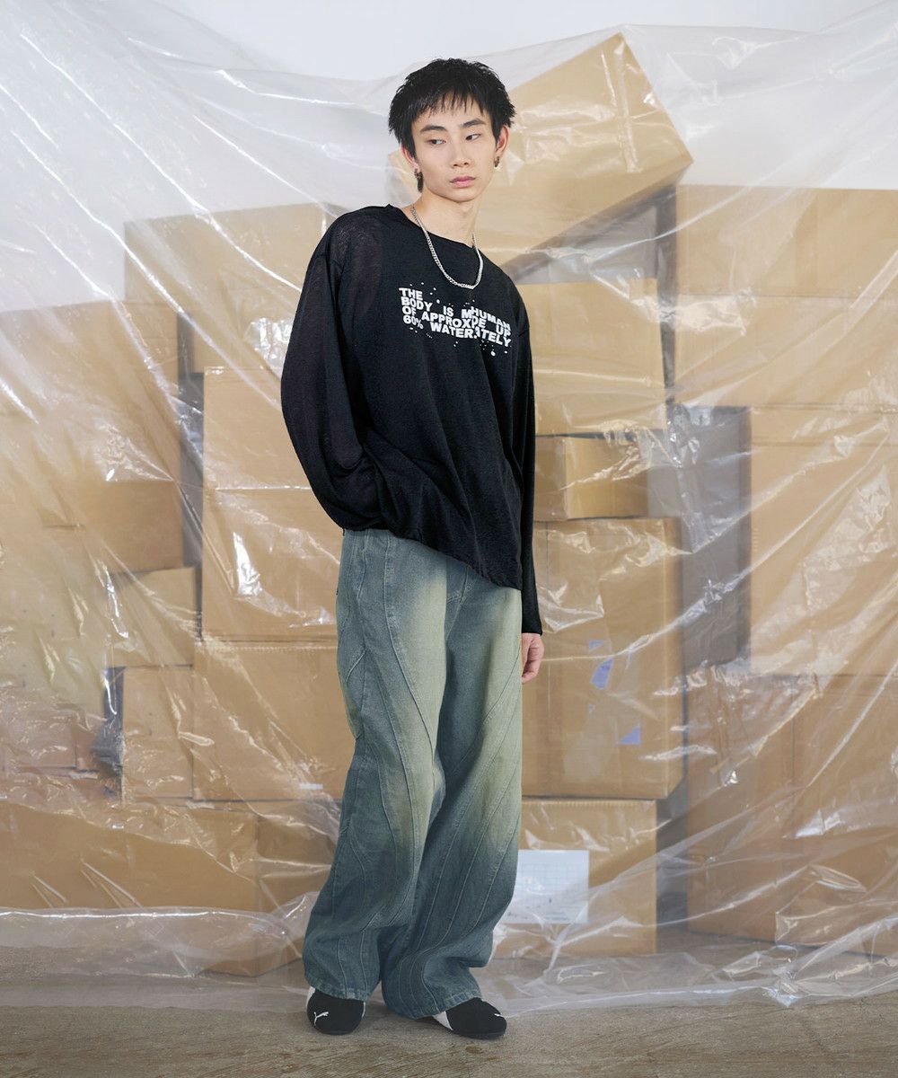 ルーズシルエットマルチプリントグラフィックシアーロングTシャツ