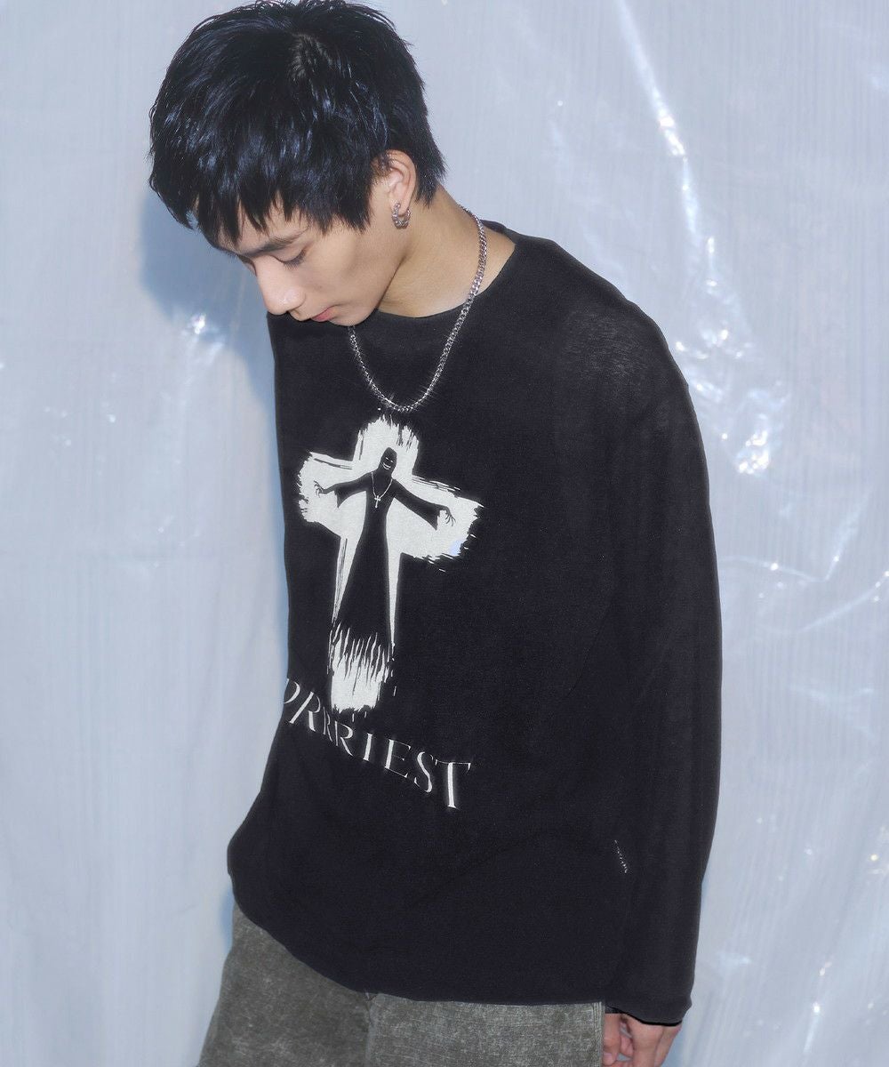 ルーズシルエットマルチプリントグラフィックシアーロングTシャツ