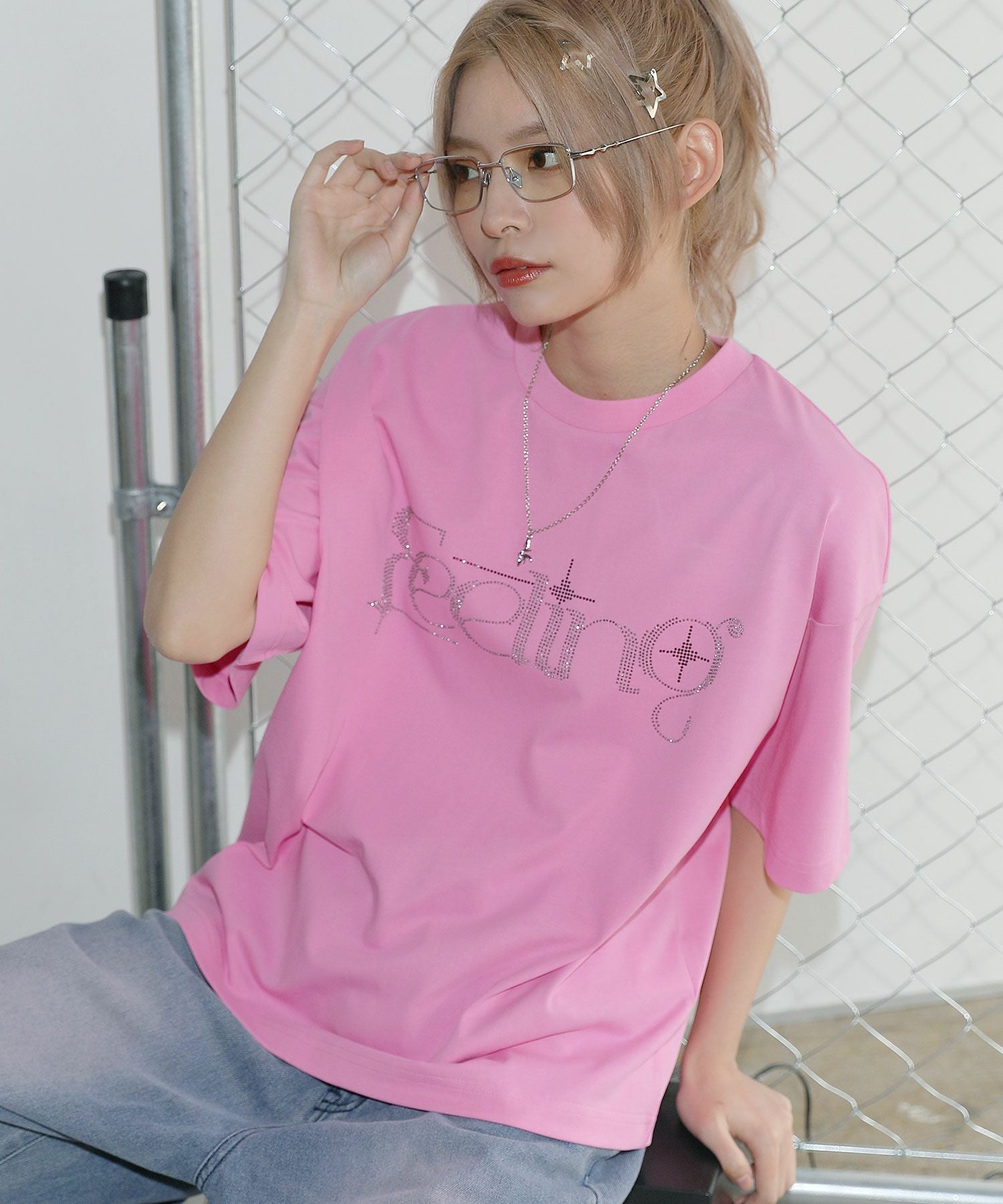 ラインストーンショート丈半袖Tシャツ | MSG