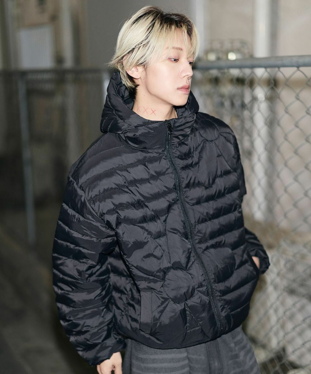 し*ん様 MSGM フード付きジャケット 黒/グレー フィルパワー600】機能性 中綿キルティングフードジャケット | MSG