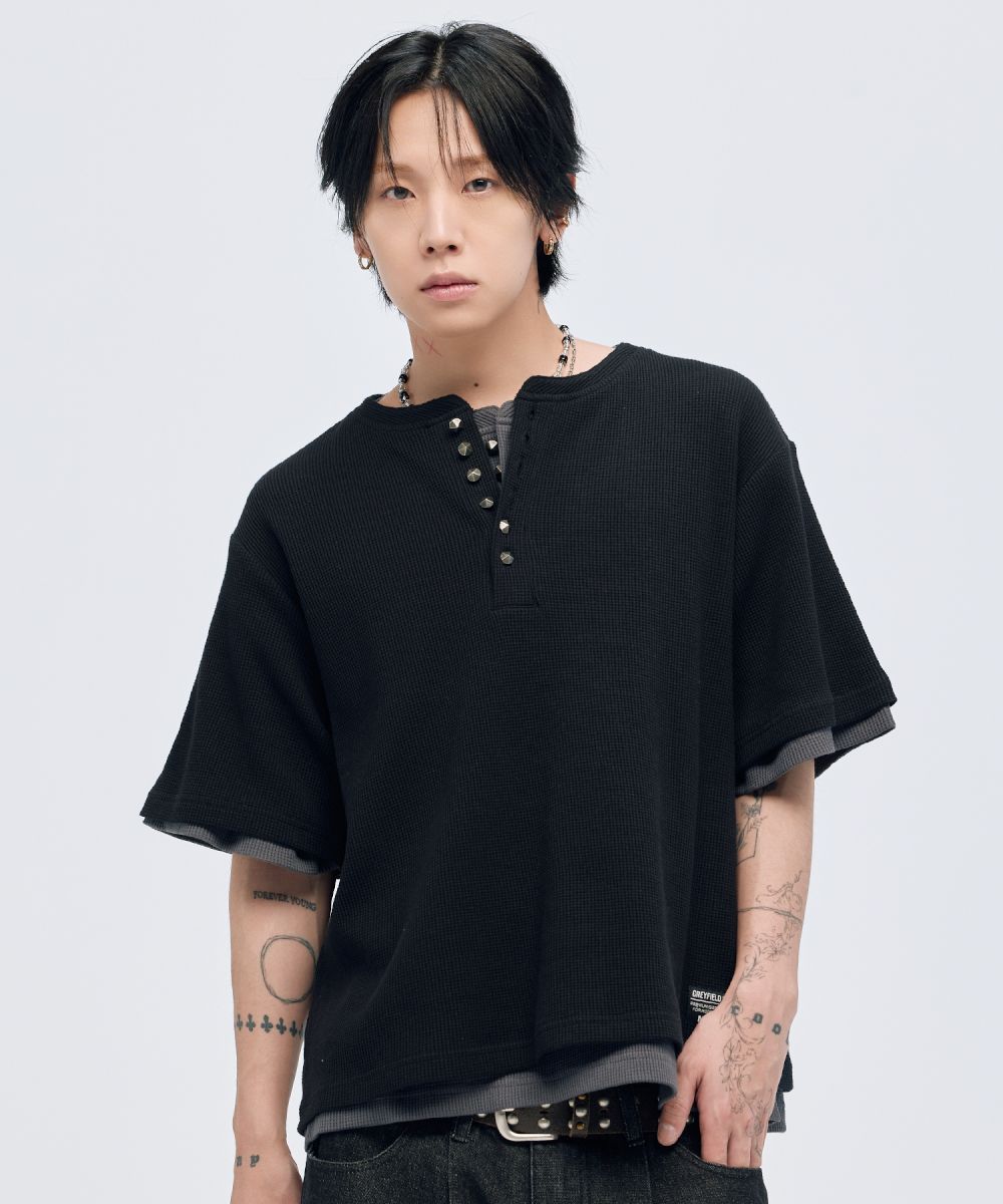 シルバーボタンヘンリーネックサーマルワッフルTシャツ カットソー | MSG