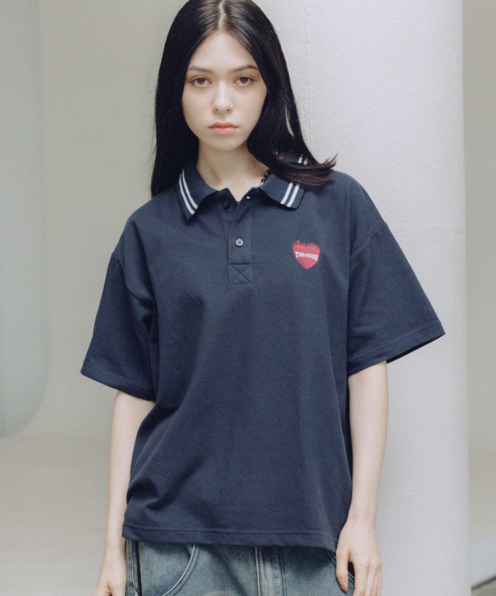  x THRASHER コラボ ポロシャツ ブルー 〓一部予約販売・7月中旬頃発送予定〓 THRASHER×MSG 別注 ワンポイント